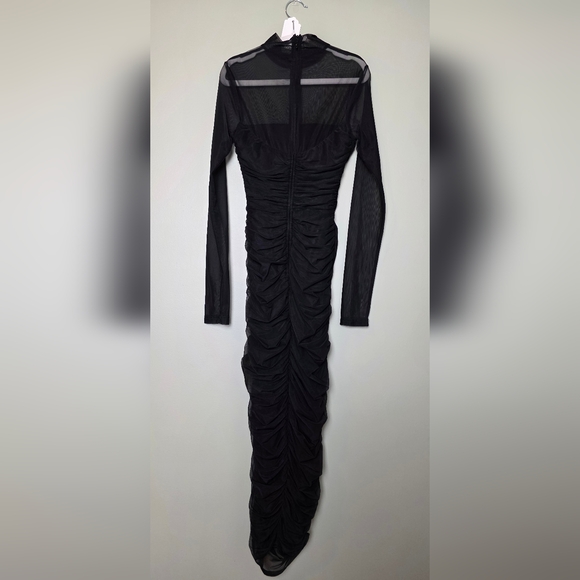 Lulus Impressive Flirt Black Mesh Ruched Mock Neck Midi Dress XXS - Picture 6 of 11